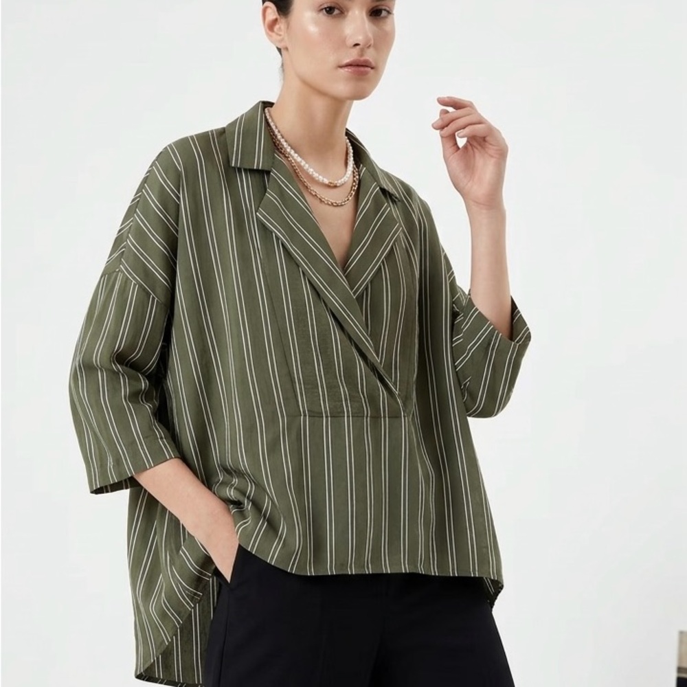 Anthropologie The Dylon Wide-Placket Striped Top in Olive Green – Size S